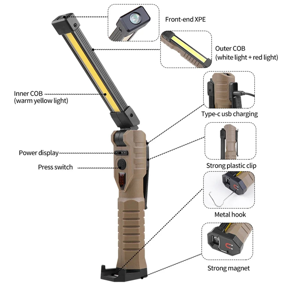 Multi Function COB LED Work Light USB Rechargeable Torch Foldable LED Flashlight.