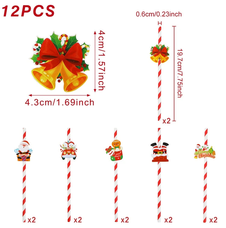 12pcs Christmas Paper Straws Merry Christmas