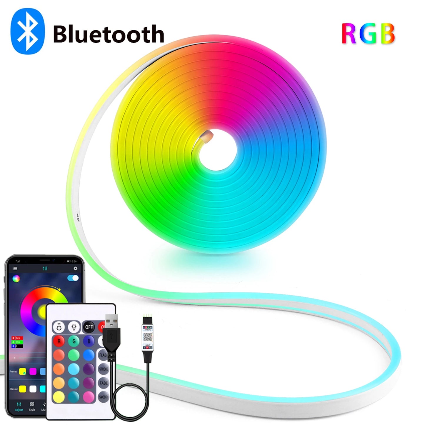 DC5V USB RGB Neon LED Strip, 1/2/3/4/5M IP65 Waterproof Neon Strip Bluetooth App and Remote Control